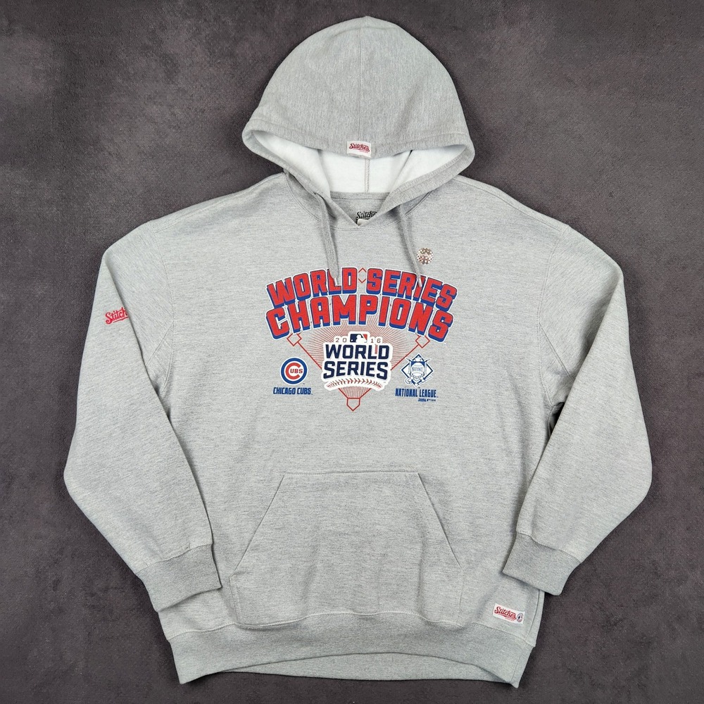 Chicago Cubs Stitches Hoodie Mens XL Gray 2016 World Series Champs Pullover NEW